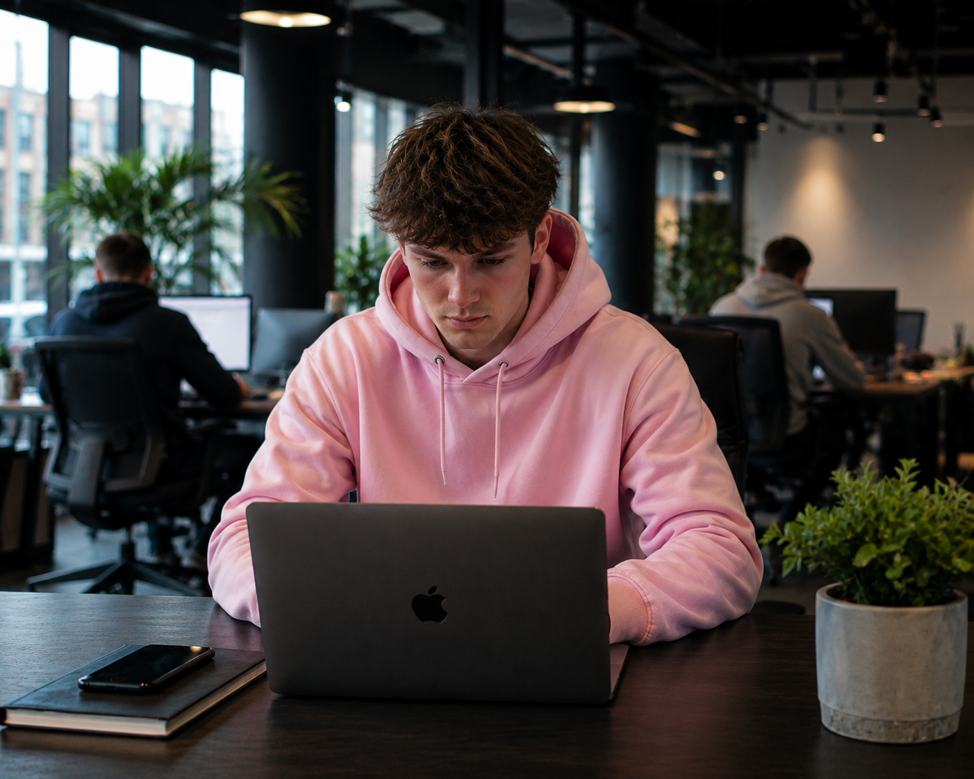 A person working on a laptop in a bright workspace