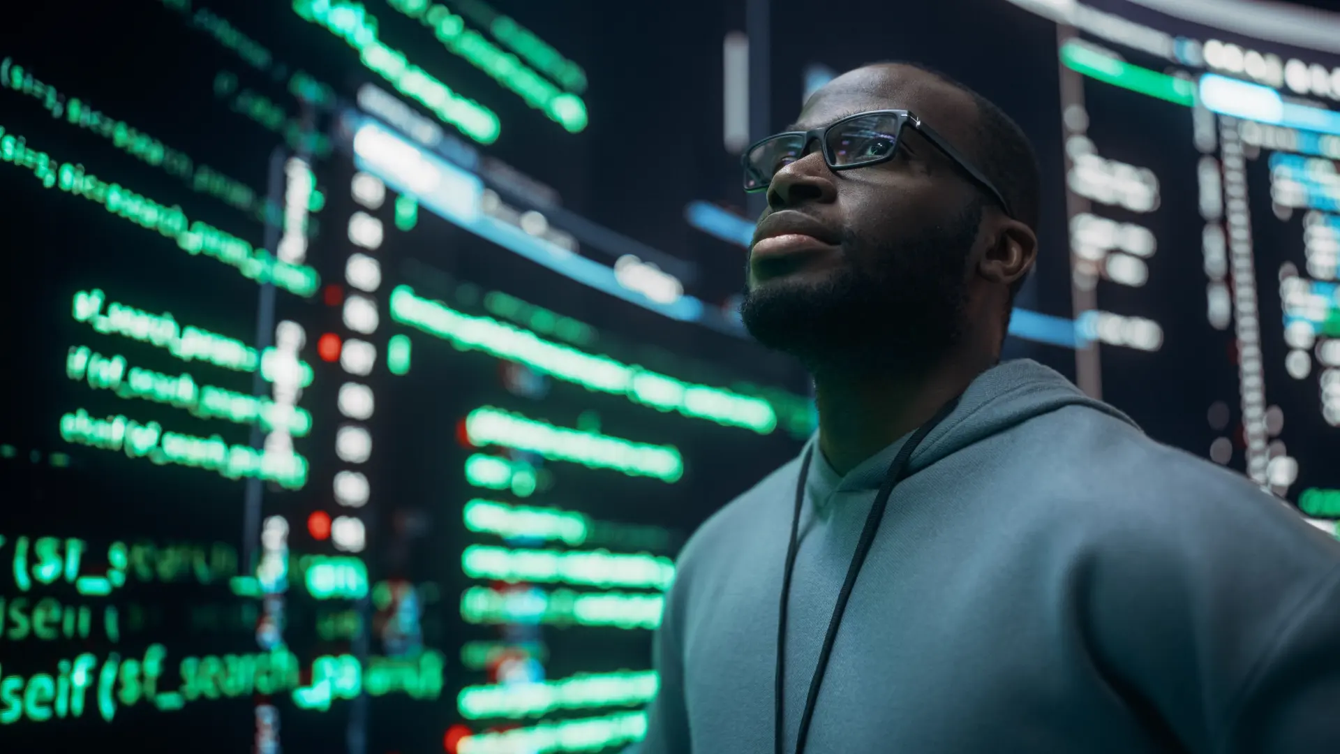 A developer looking up at large screens of code